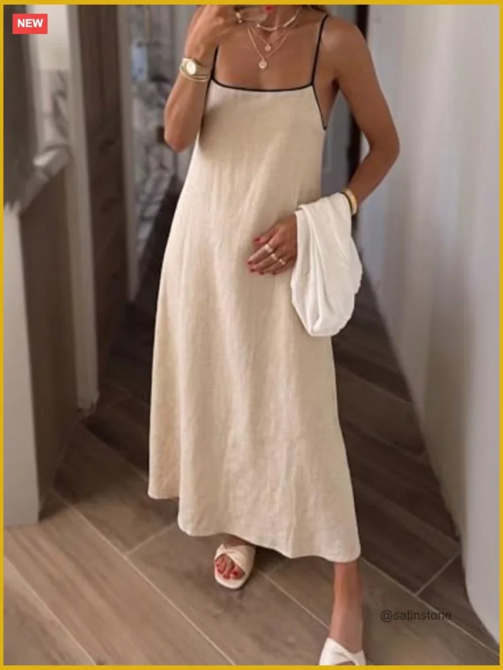 Linen Blend Maxi Dress with Pockets - Backless Spaghetti Strap - Picture 6 of 6